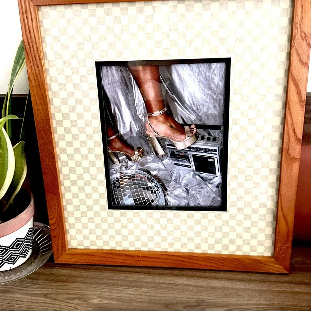 Hot Girl Disco Ball Boombox Dancing Checker Matted Wood Framed Canvas Print Art